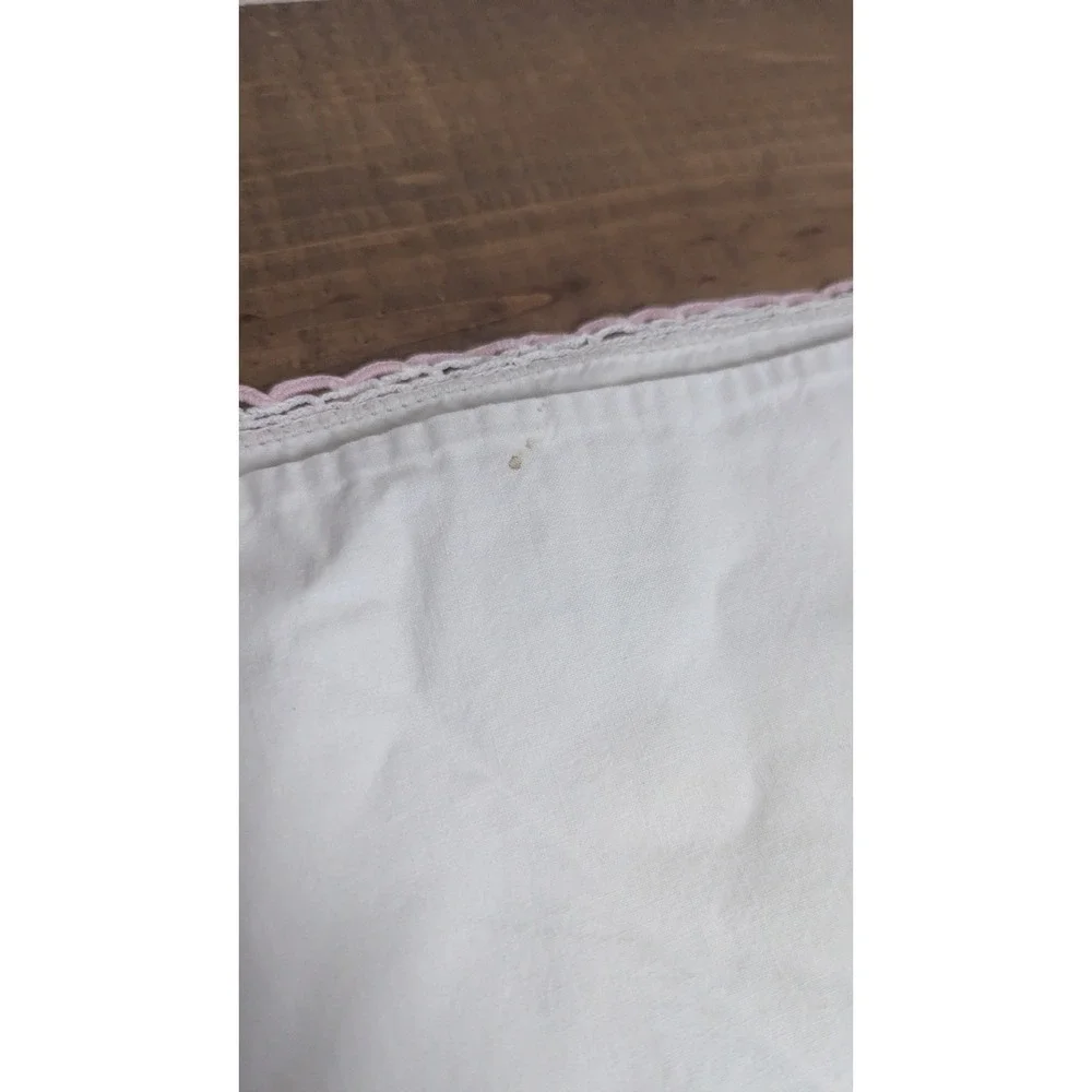 Vintage Hand Embroidered Floral Pillowcase Pink Purple White Crocheted Lace Trim